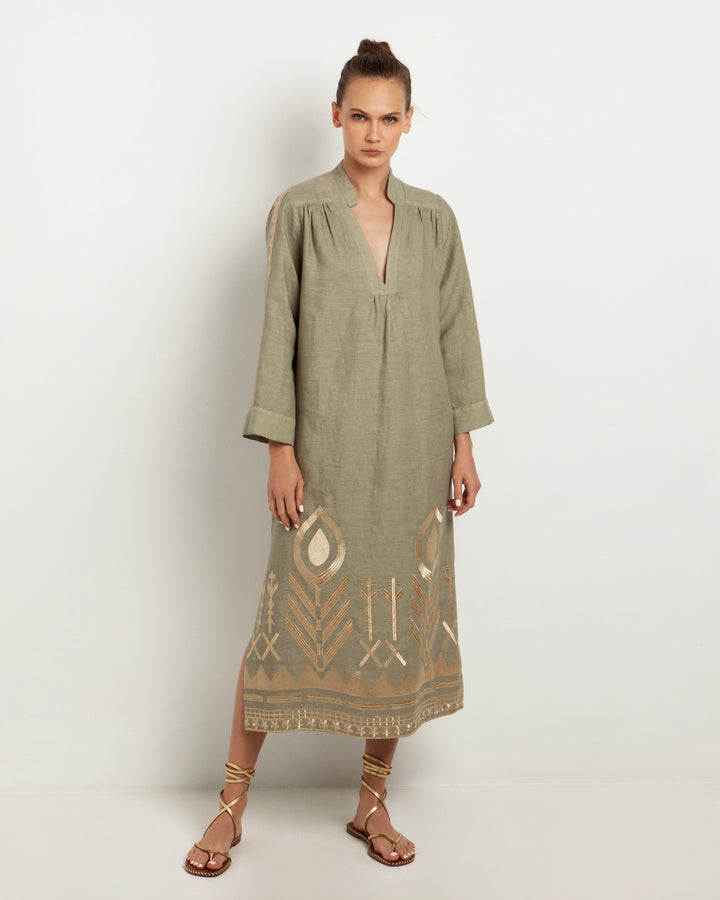 Greek Archaic Kori Embroidered Metallic Kaftan