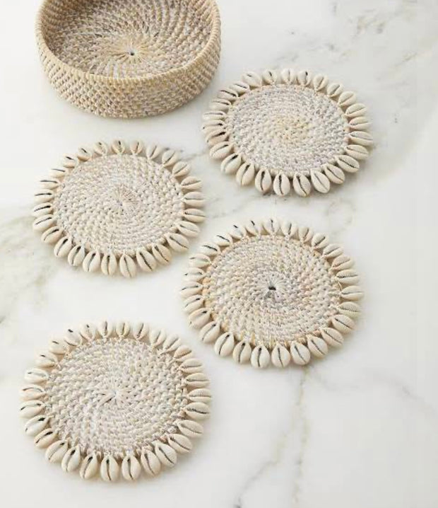 White Wash Rattan Coaster with Cowrie Shell
