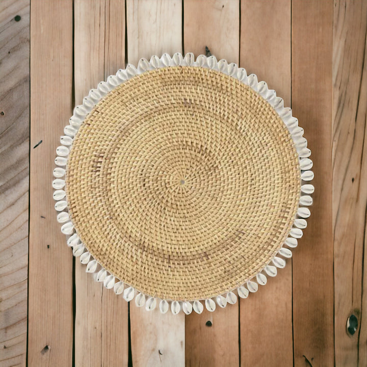 Beige Rattan Placemat with Cowrie Shell - Set of 4