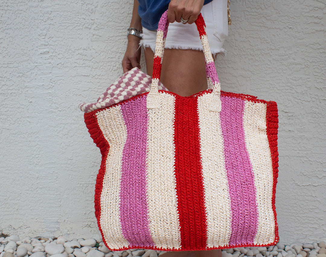 Seaside Raffia Tote Red Pink