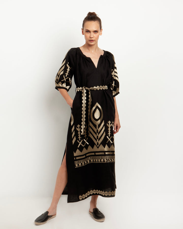 Greek Archaic Kori Embroidered Metallic Maxi Dress