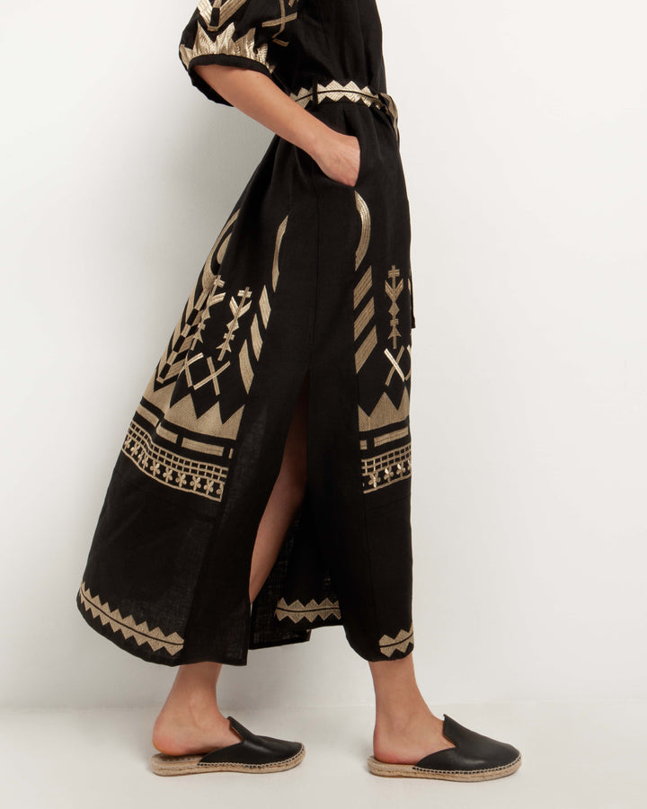 Greek Archaic Kori Embroidered Metallic Maxi Dress