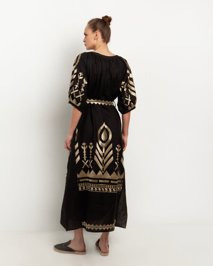 Greek Archaic Kori Embroidered Metallic Maxi Dress