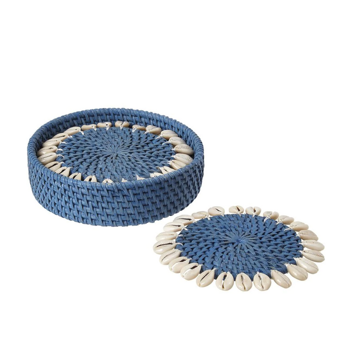 Cobalt Rattan Coaster with Cowrie Shell