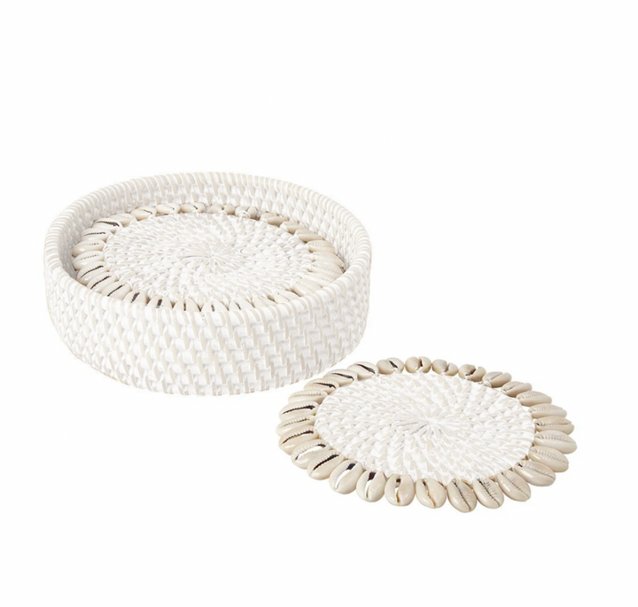 White Rattan Coaster with Cowrie Shell