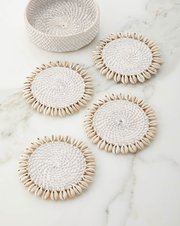 White Rattan Coaster with Cowrie Shell