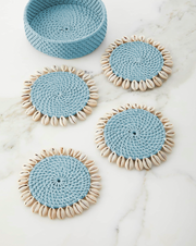 Light Blue Rattan Coaster with Cowrie Shell