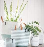Mifuko - Medium size basket with thick white and pale blue stripes