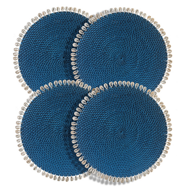 Cobalt Rattan Placemat with Cowrie Shell - Set of 4