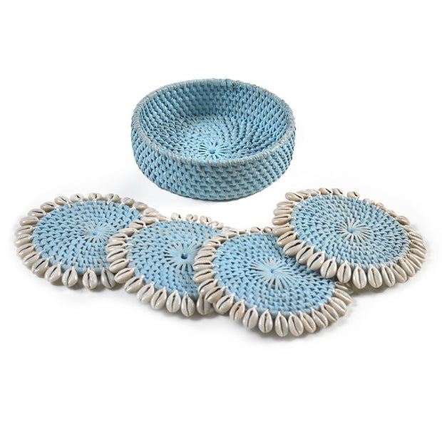 Light Blue Rattan Coaster with Cowrie Shell