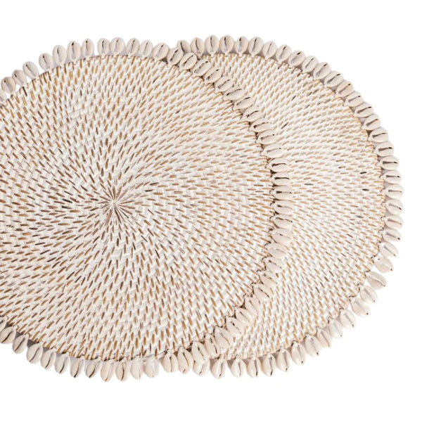 White Wash Rattan Placemat with Cowrie Shell - Set of 4